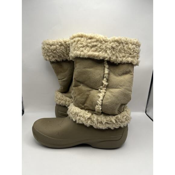 Crocs Womens Boots Mid Calf Tan Beige Faux Suede Size 8 - Picture 2 of 7